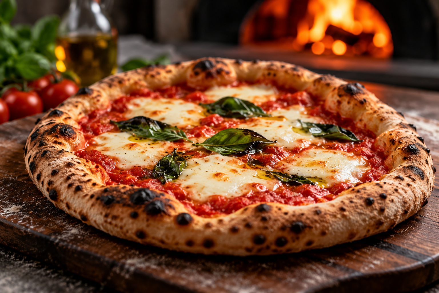 Illustrative Neapolitan-style margherita pizza with airy charred crust, mozzarella, tomato and basil